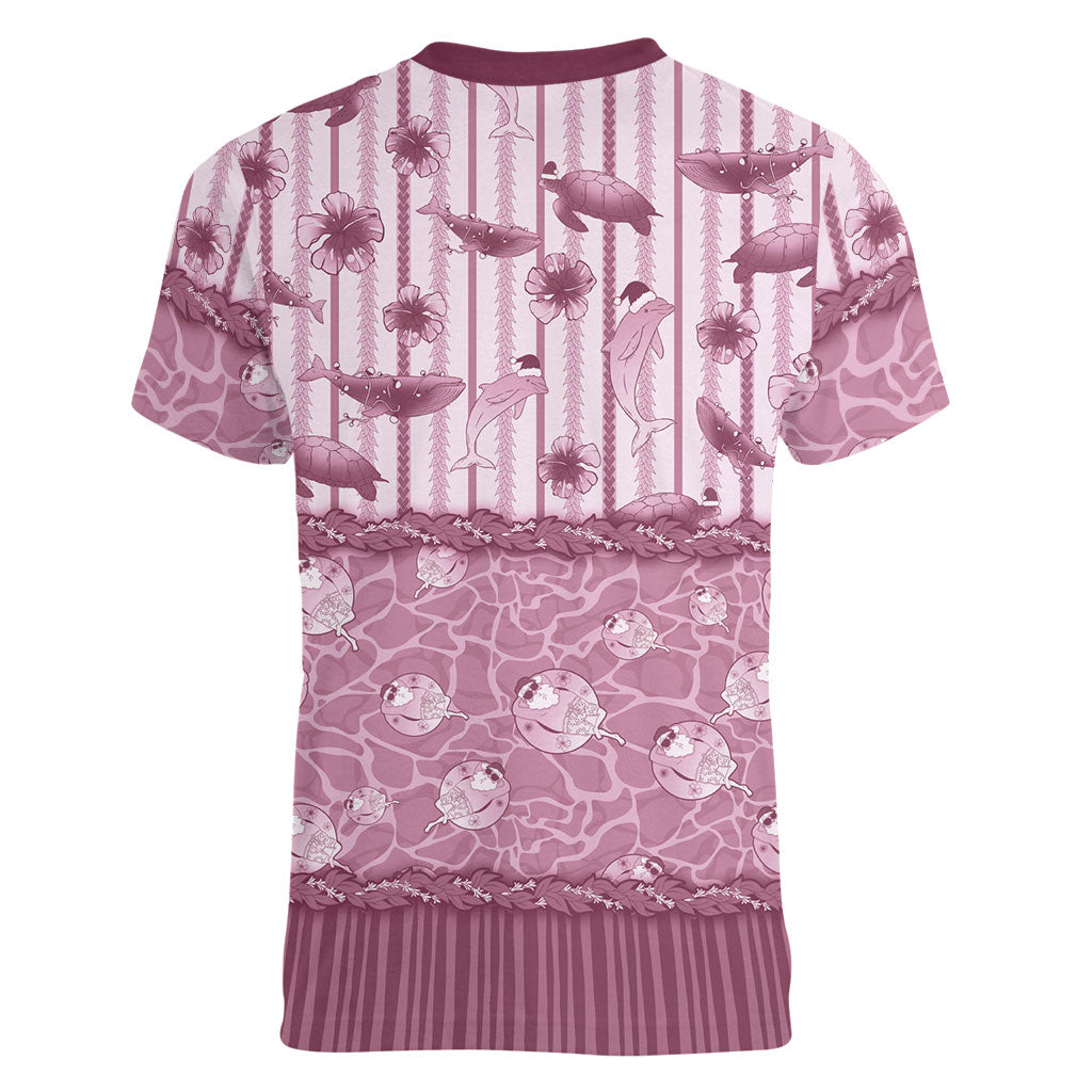 Hawaii Christmas In July Women V-Neck T-Shirt Dusty Pink Mele Kalikimaka Sea Animals DT05 - Polynesian Pride