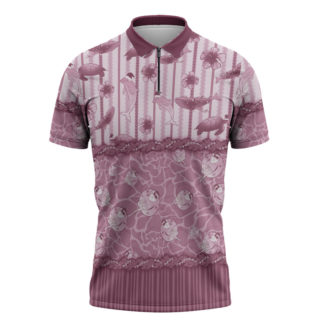 Hawaii Christmas In July Zipper Polo Shirt Dusty Pink Mele Kalikimaka Sea Animals DT05 Pink - Polynesian Pride