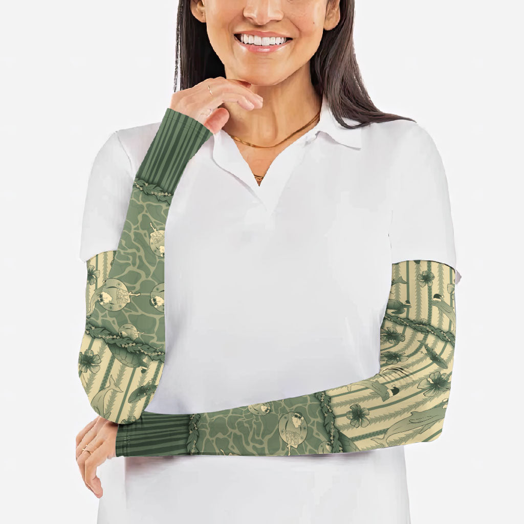 Hawaii Christmas In July Arm Sleeves Olive Green Mele Kalikimaka Sea Animals