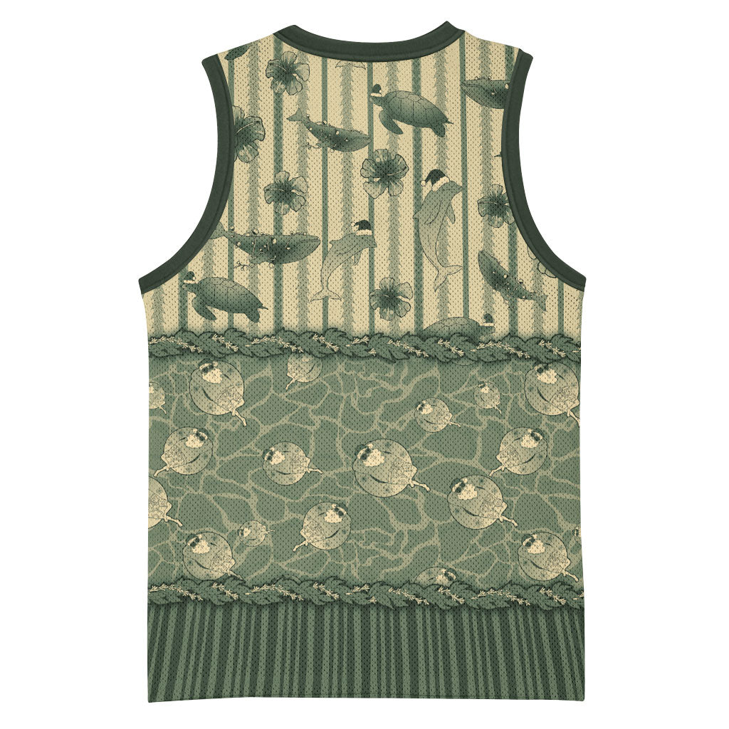 Hawaii Christmas In July Basketball Jersey Olive Green Mele Kalikimaka Sea Animals DT05 - Polynesian Pride