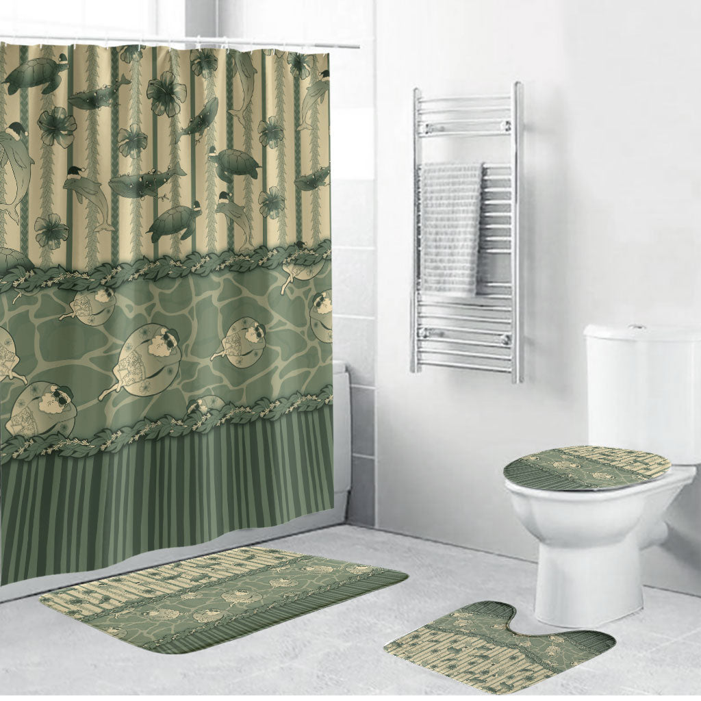 Hawaii Christmas In July Bathroom Set Olive Green Mele Kalikimaka Sea Animals