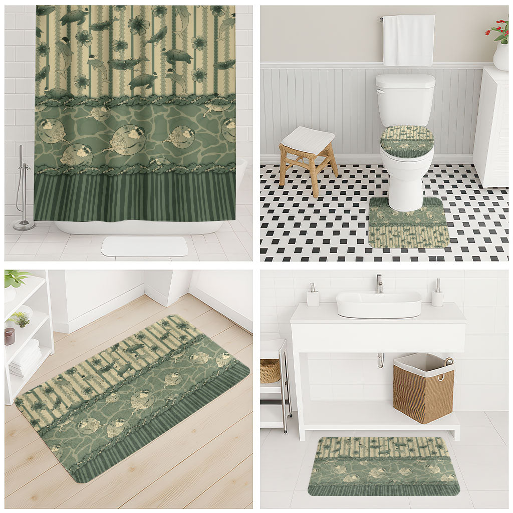 Hawaii Christmas In July Bathroom Set Olive Green Mele Kalikimaka Sea Animals