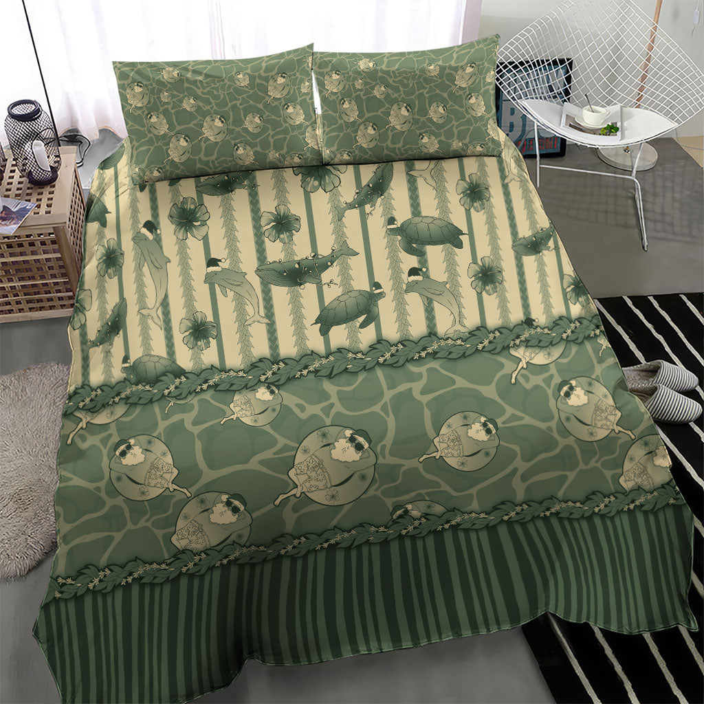 Hawaii Christmas In July Bedding Set Olive Green Mele Kalikimaka Sea Animals