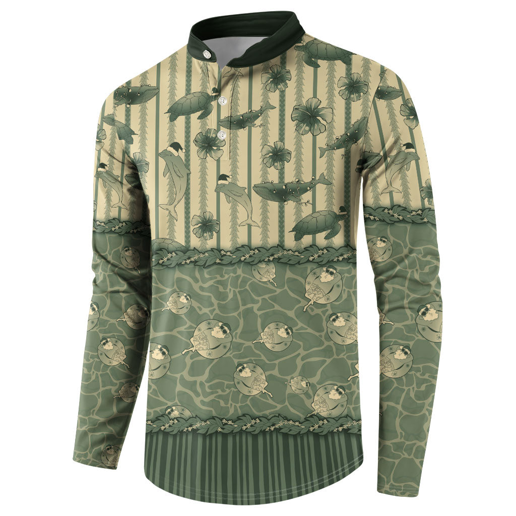 Hawaii Christmas In July Button Sweatshirt Olive Green Mele Kalikimaka Sea Animals