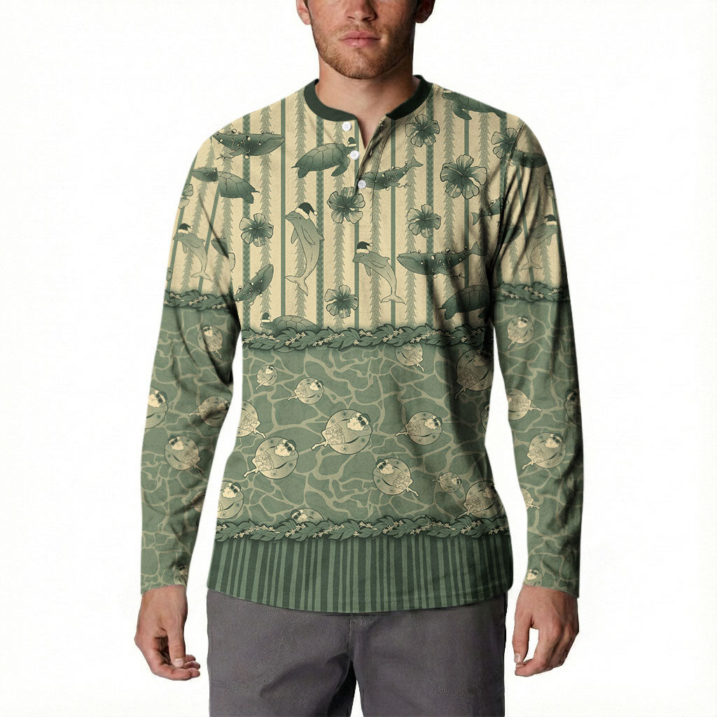 Hawaii Christmas In July Button Sweatshirt Olive Green Mele Kalikimaka Sea Animals