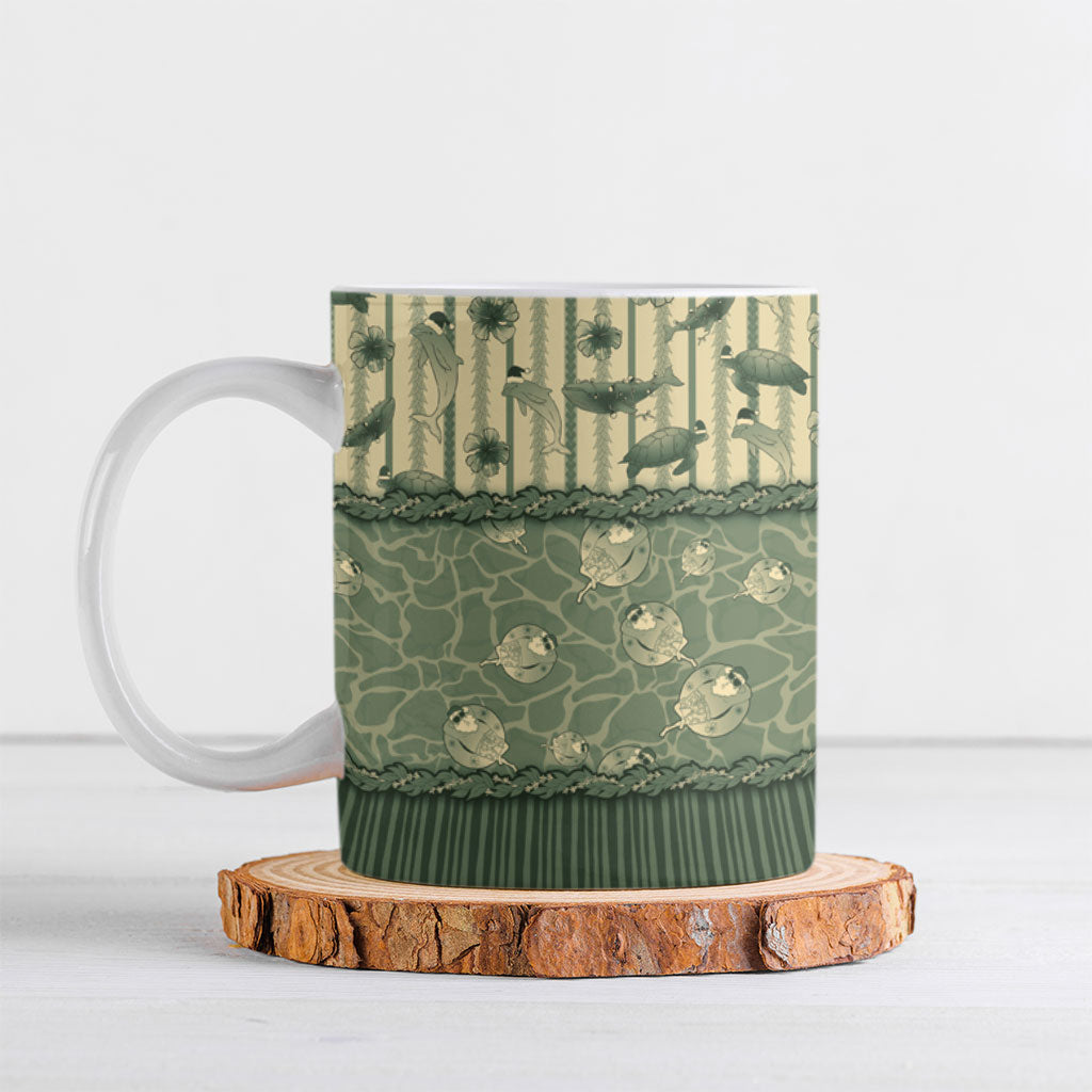 Hawaii Christmas In July Ceramic Mug Olive Green Mele Kalikimaka Sea Animals