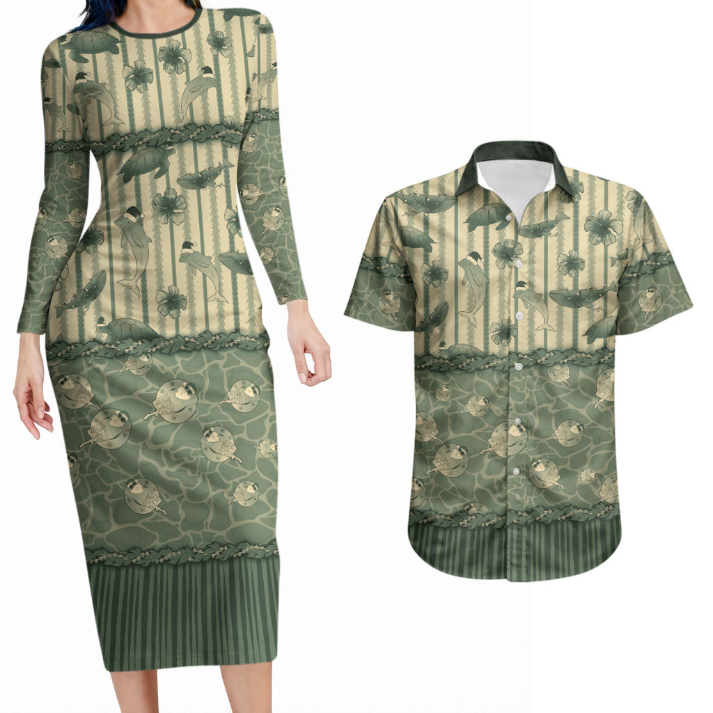 Hawaii Christmas In July Couples Matching Long Sleeve Bodycon Dress and Hawaiian Shirt Olive Green Mele Kalikimaka Sea Animals DT05 Green - Polynesian Pride