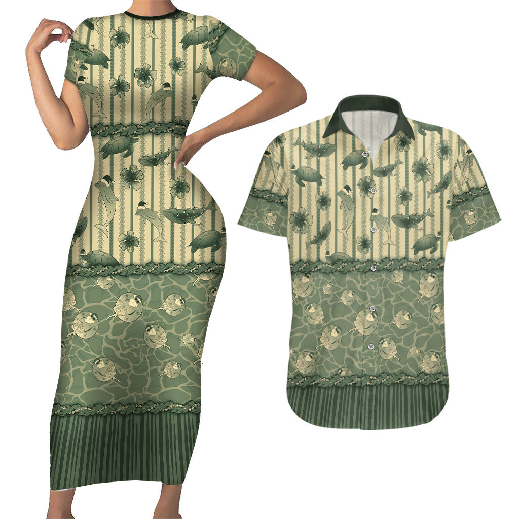 Hawaii Christmas In July Couples Matching Short Sleeve Bodycon Dress and Hawaiian Shirt Olive Green Mele Kalikimaka Sea Animals DT05 Green - Polynesian Pride
