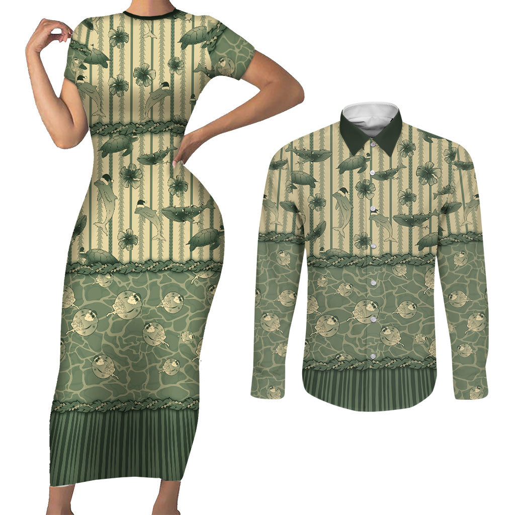 Hawaii Christmas In July Couples Matching Short Sleeve Bodycon Dress and Long Sleeve Button Shirt Olive Green Mele Kalikimaka Sea Animals DT05 Green - Polynesian Pride