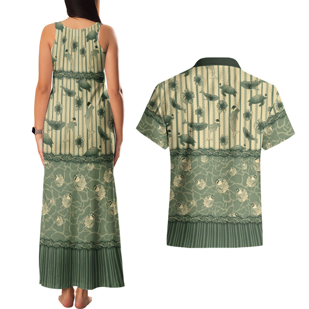 Hawaii Christmas In July Couples Matching Tank Maxi Dress and Hawaiian Shirt Olive Green Mele Kalikimaka Sea Animals DT05 - Polynesian Pride