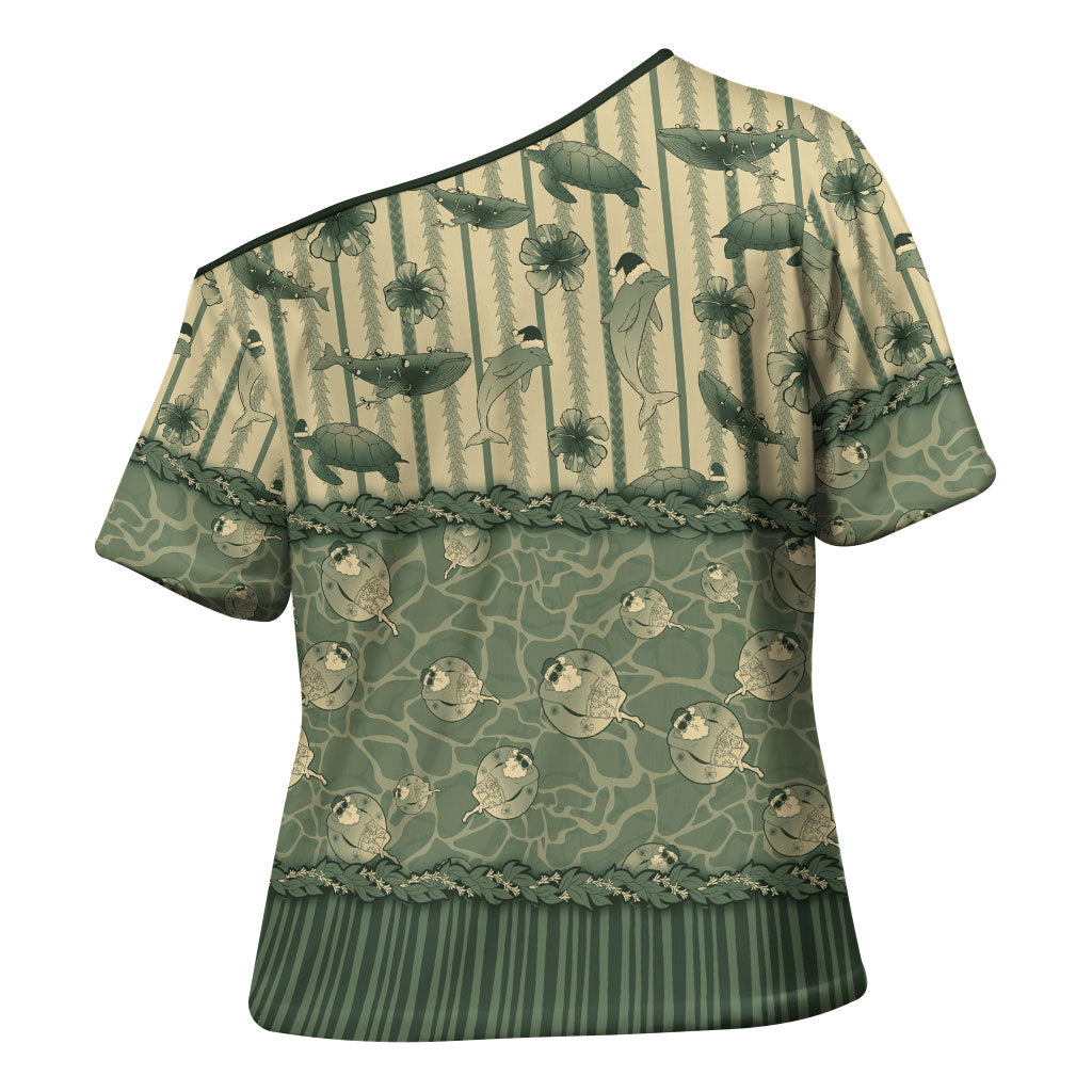 Hawaii Christmas In July Cross Shoulder Shirt Olive Green Mele Kalikimaka Sea Animals DT05 - Polynesian Pride