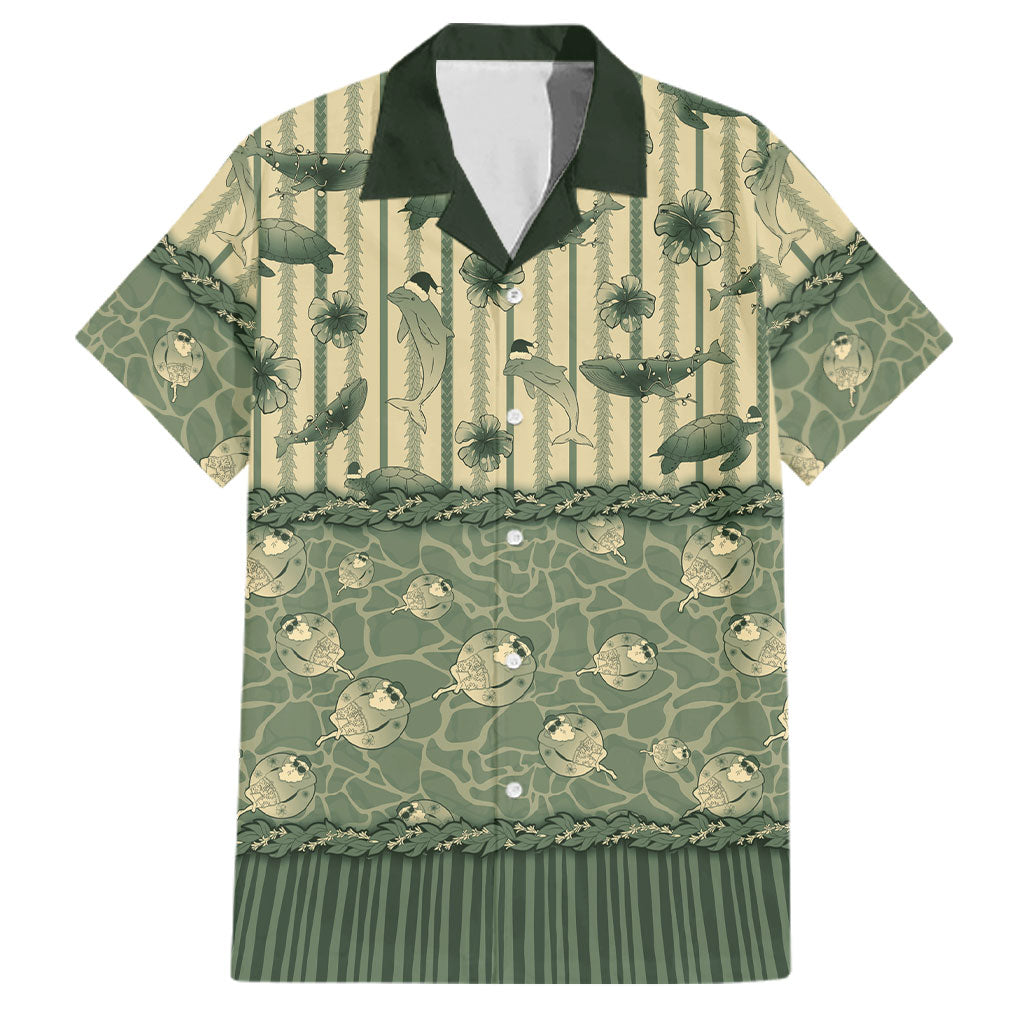 Hawaii Christmas In July Family Matching Long Sleeve Bodycon Dress and Hawaiian Shirt Olive Green Mele Kalikimaka Sea Animals DT05 Dad's Shirt - Short Sleeve Green - Polynesian Pride