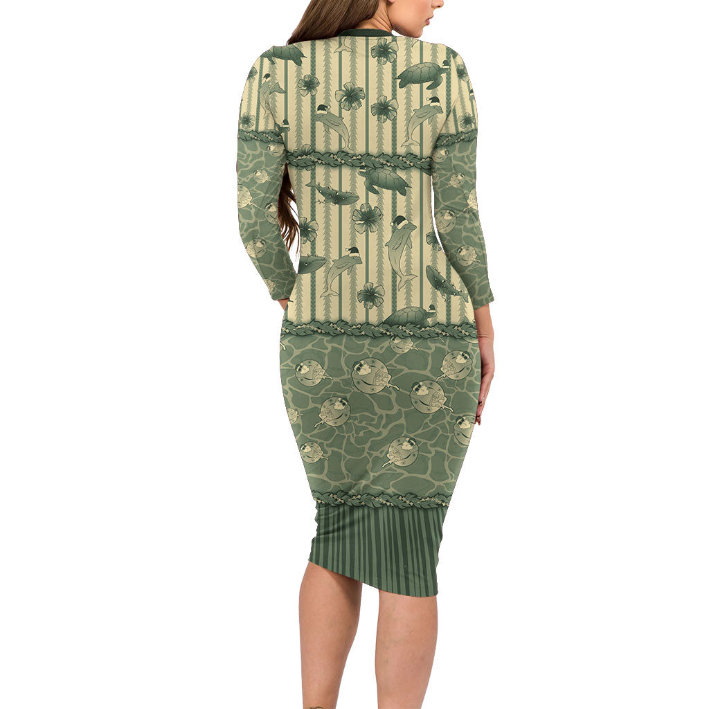 Hawaii Christmas In July Family Matching Long Sleeve Bodycon Dress and Hawaiian Shirt Olive Green Mele Kalikimaka Sea Animals DT05 - Polynesian Pride