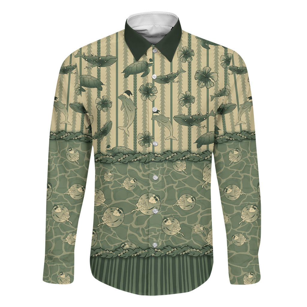Hawaii Christmas In July Family Matching Off The Shoulder Long Sleeve Dress and Hawaiian Shirt Olive Green Mele Kalikimaka Sea Animals DT05 Dad's Shirt - Long Sleeve Green - Polynesian Pride