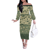 Hawaii Christmas In July Family Matching Off The Shoulder Long Sleeve Dress and Hawaiian Shirt Olive Green Mele Kalikimaka Sea Animals DT05 Mom's Dress Green - Polynesian Pride