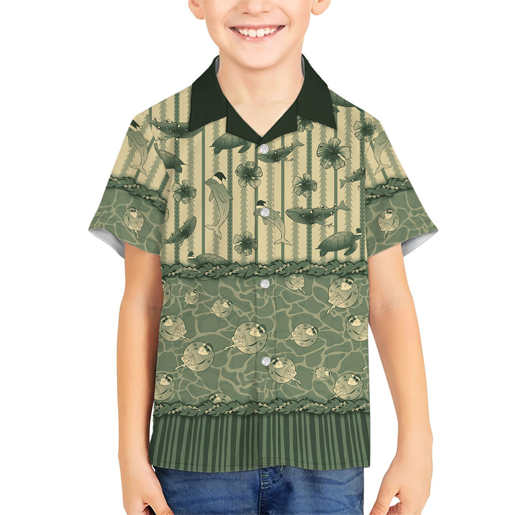 Hawaii Christmas In July Family Matching Puletasi and Hawaiian Shirt Olive Green Mele Kalikimaka Sea Animals DT05 Son's Shirt Green - Polynesian Pride