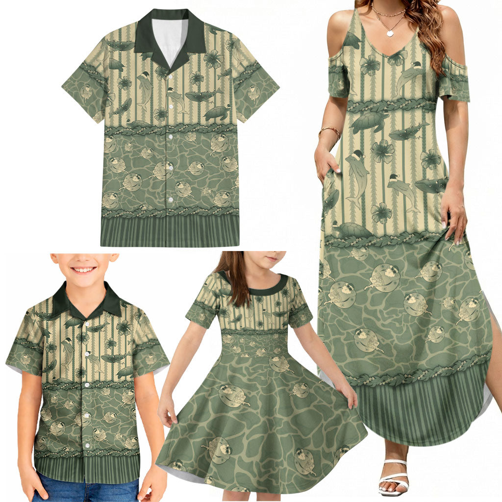 Hawaii Christmas In July Family Matching Summer Maxi Dress and Hawaiian Shirt Olive Green Mele Kalikimaka Sea Animals DT05 - Polynesian Pride