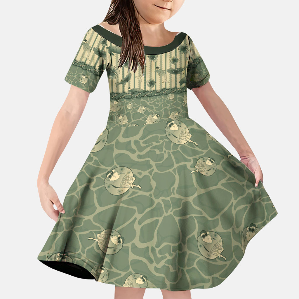 Hawaii Christmas In July Family Matching Tank Maxi Dress and Hawaiian Shirt Olive Green Mele Kalikimaka Sea Animals DT05 Daughter's Dress Green - Polynesian Pride
