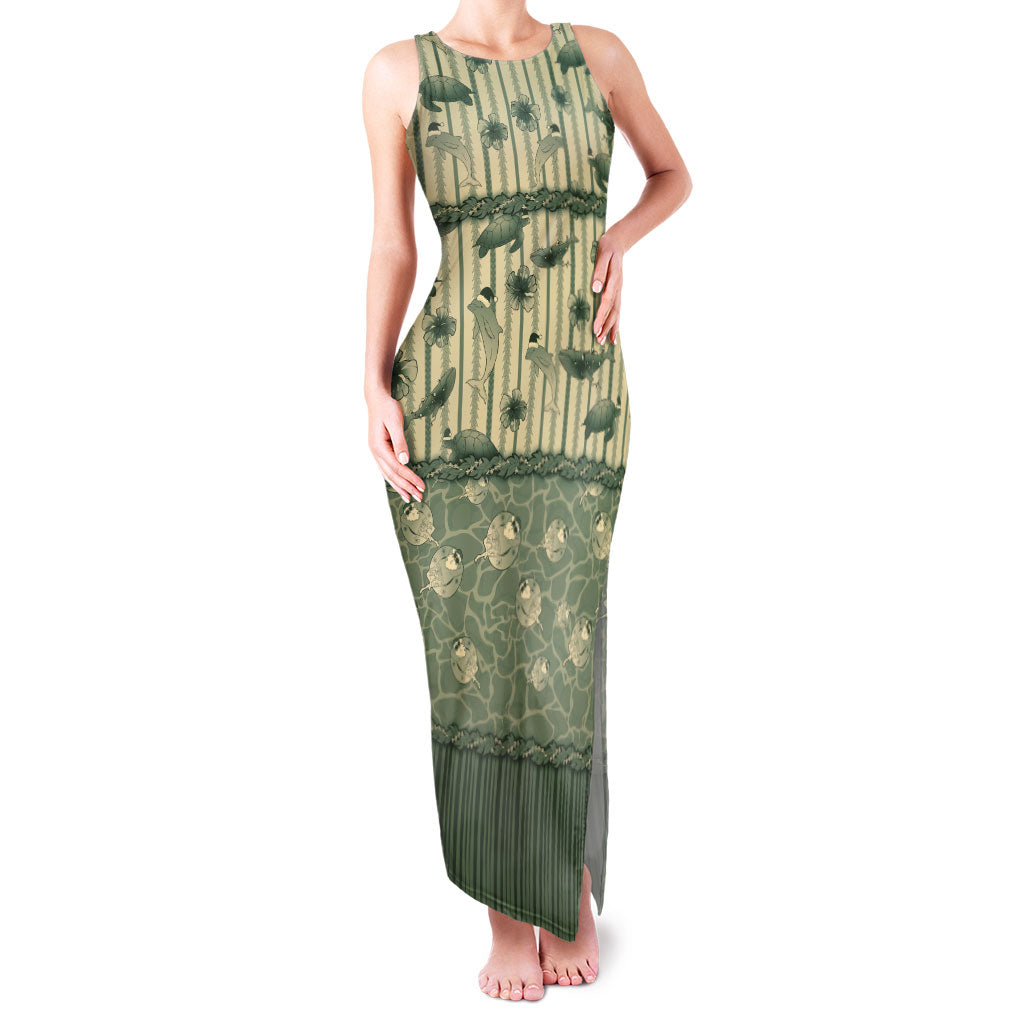 Hawaii Christmas In July Family Matching Tank Maxi Dress and Hawaiian Shirt Olive Green Mele Kalikimaka Sea Animals DT05 Mom's Dress Green - Polynesian Pride