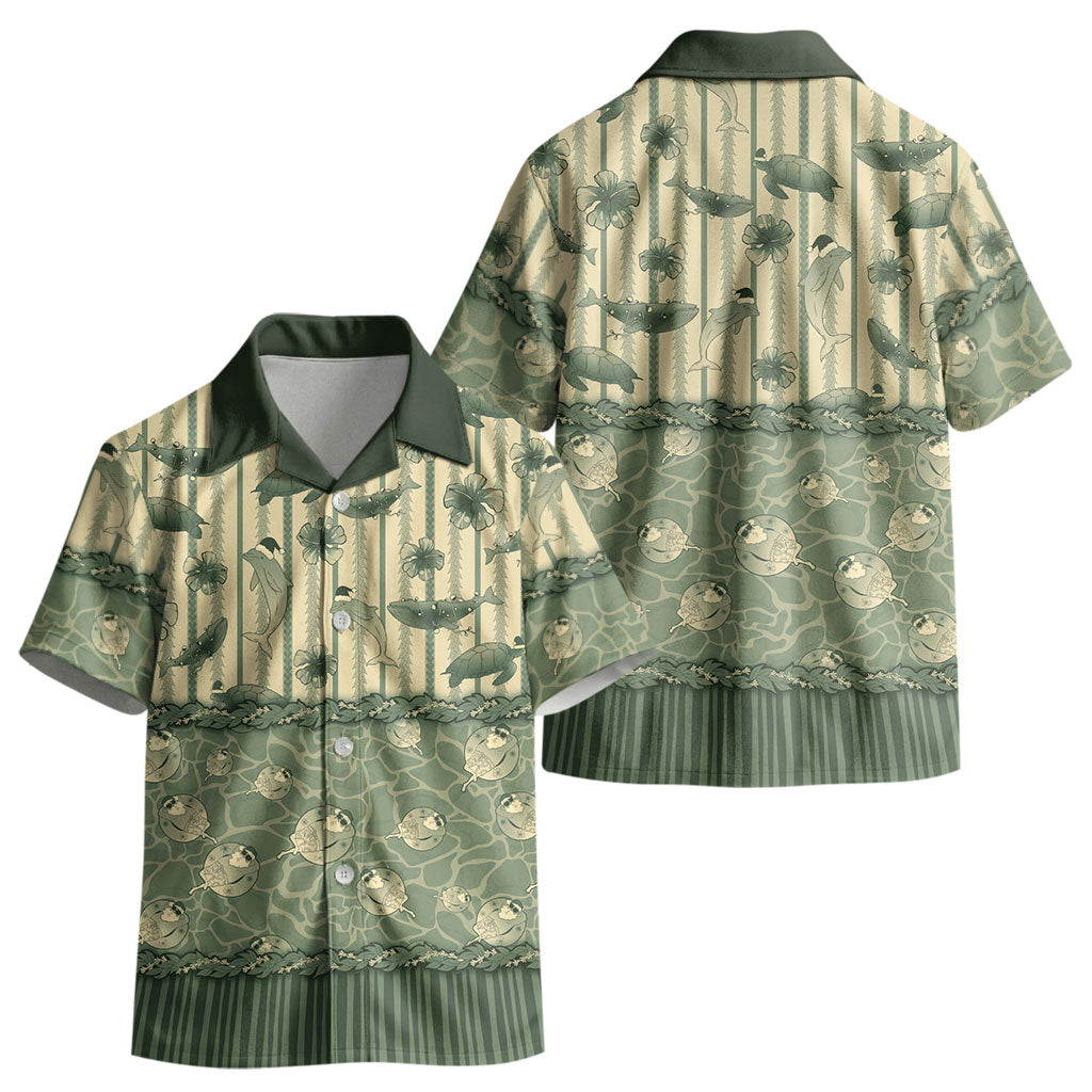 Hawaii Christmas In July Kid Hawaiian Shirt Olive Green Mele Kalikimaka Sea Animals DT05 - Polynesian Pride