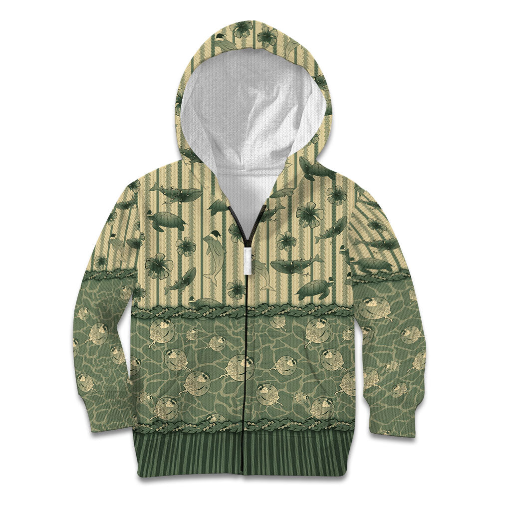 Hawaii Christmas In July Kid Hoodie Olive Green Mele Kalikimaka Sea Animals DT05 Zip Hoodie Green - Polynesian Pride