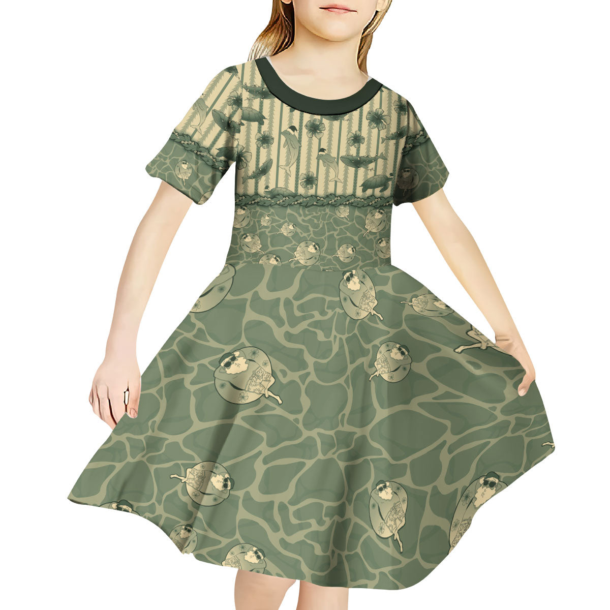 Hawaii Christmas In July Kid Short Sleeve Dress Olive Green Mele Kalikimaka Sea Animals DT05 - Polynesian Pride