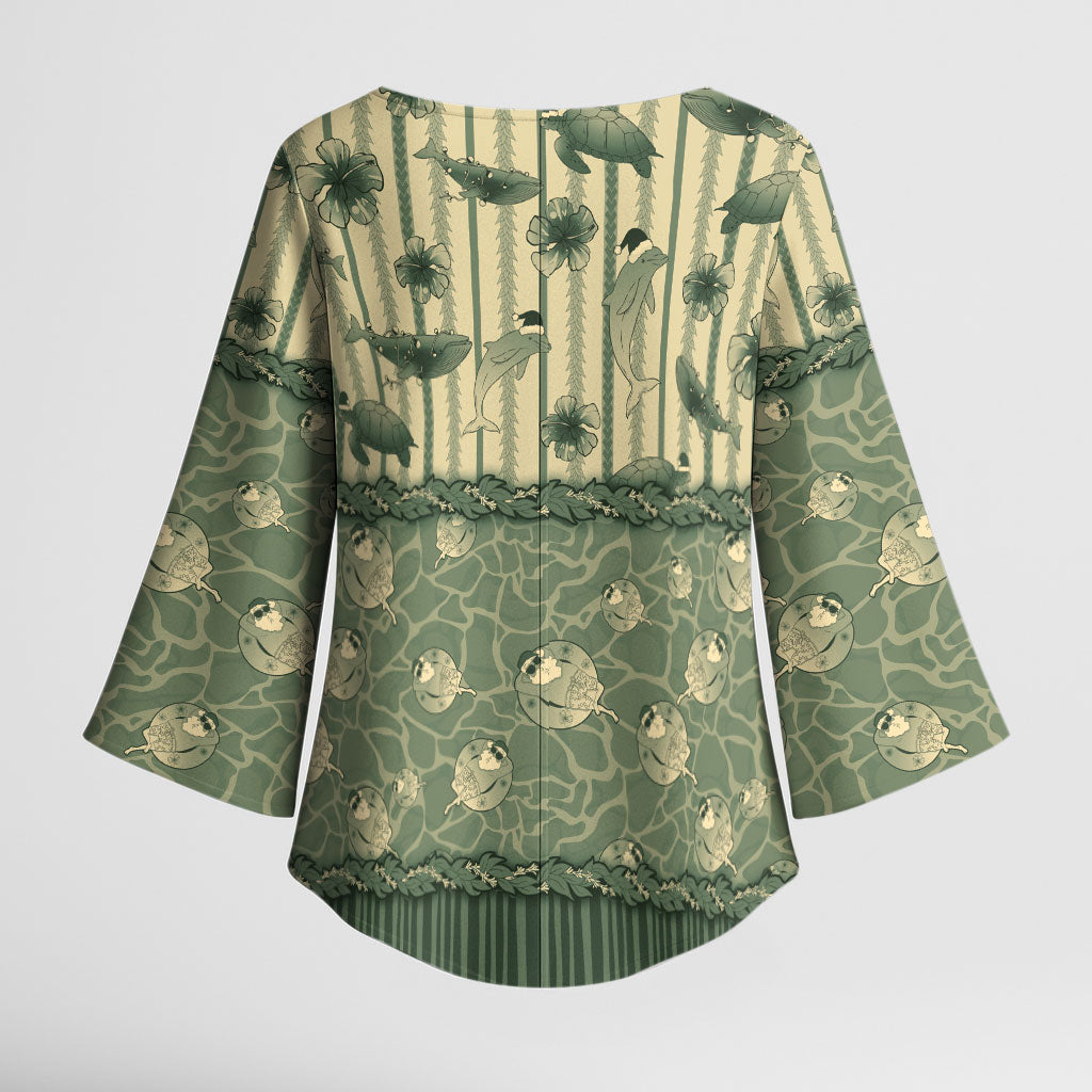 Hawaii Christmas In July Kimono Sleeve Blouse Olive Green Mele Kalikimaka Sea Animals DT05 - Polynesian Pride