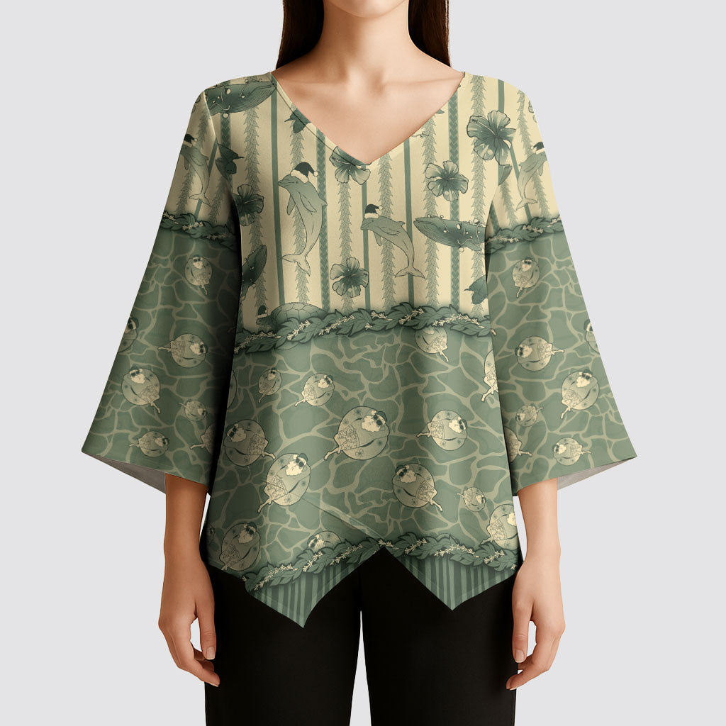Hawaii Christmas In July Kimono Sleeve Blouse Olive Green Mele Kalikimaka Sea Animals DT05 - Polynesian Pride