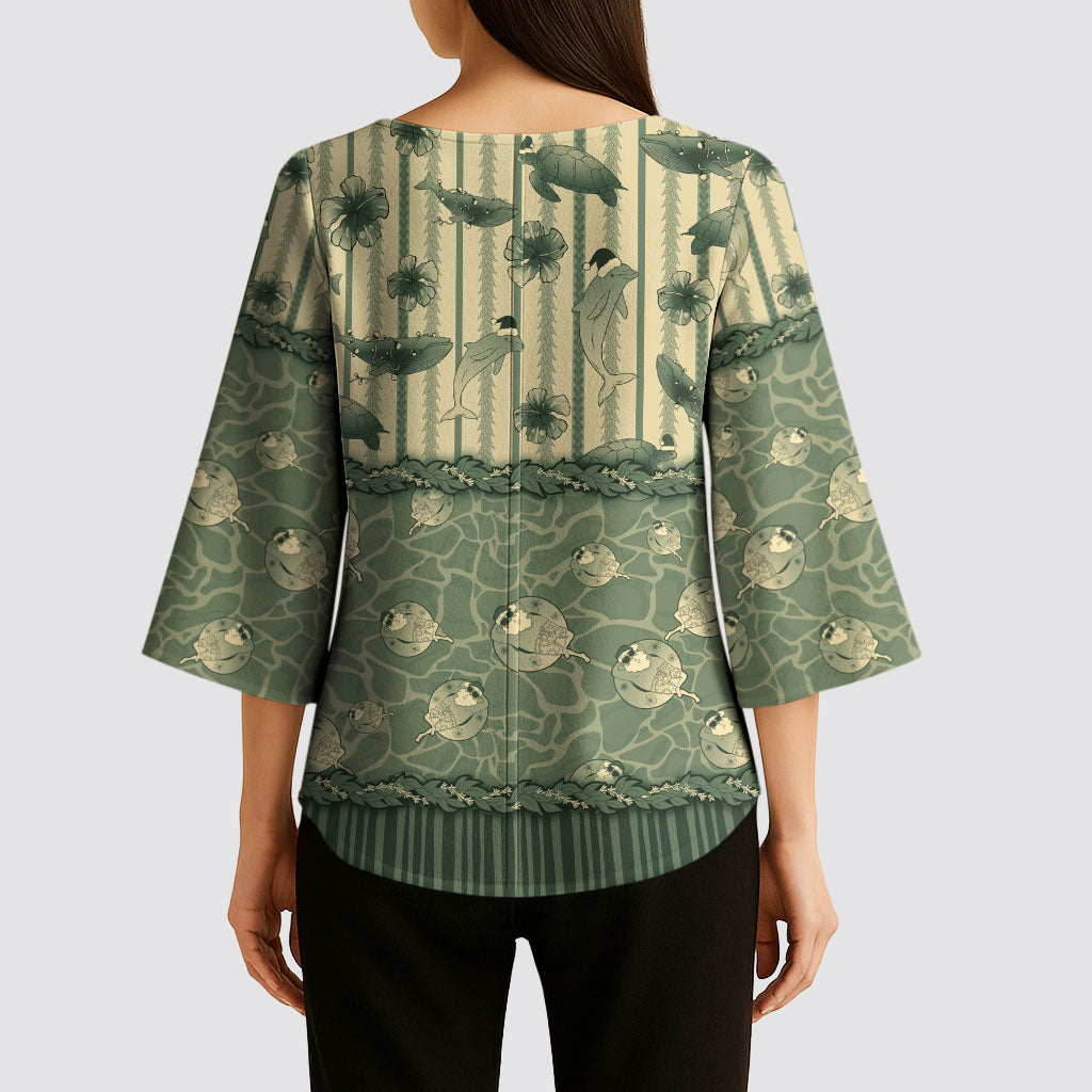 Hawaii Christmas In July Kimono Sleeve Blouse Olive Green Mele Kalikimaka Sea Animals DT05 - Polynesian Pride
