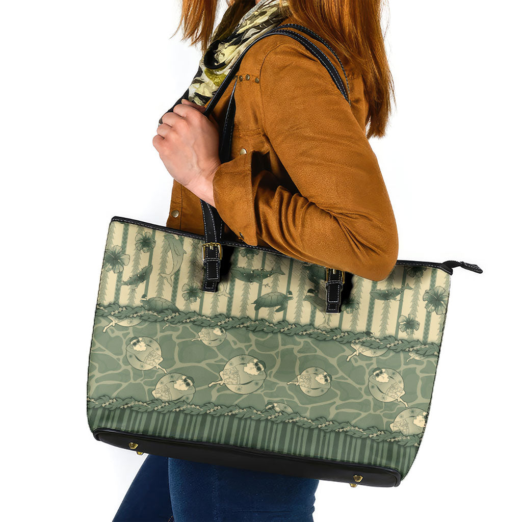 Hawaii Christmas In July Leather Tote Bag Olive Green Mele Kalikimaka Sea Animals DT05 Green - Polynesian Pride