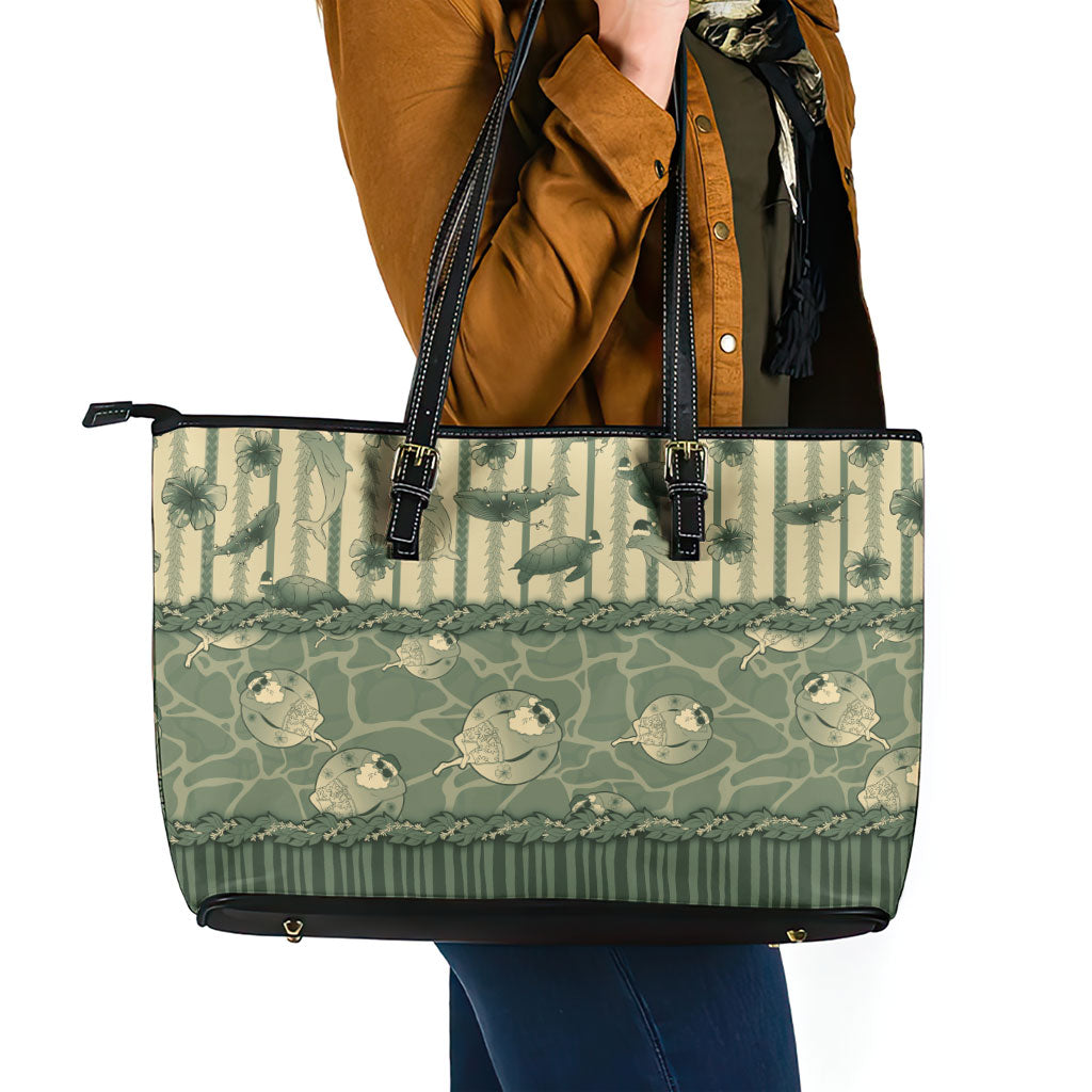Hawaii Christmas In July Leather Tote Bag Olive Green Mele Kalikimaka Sea Animals DT05 - Polynesian Pride