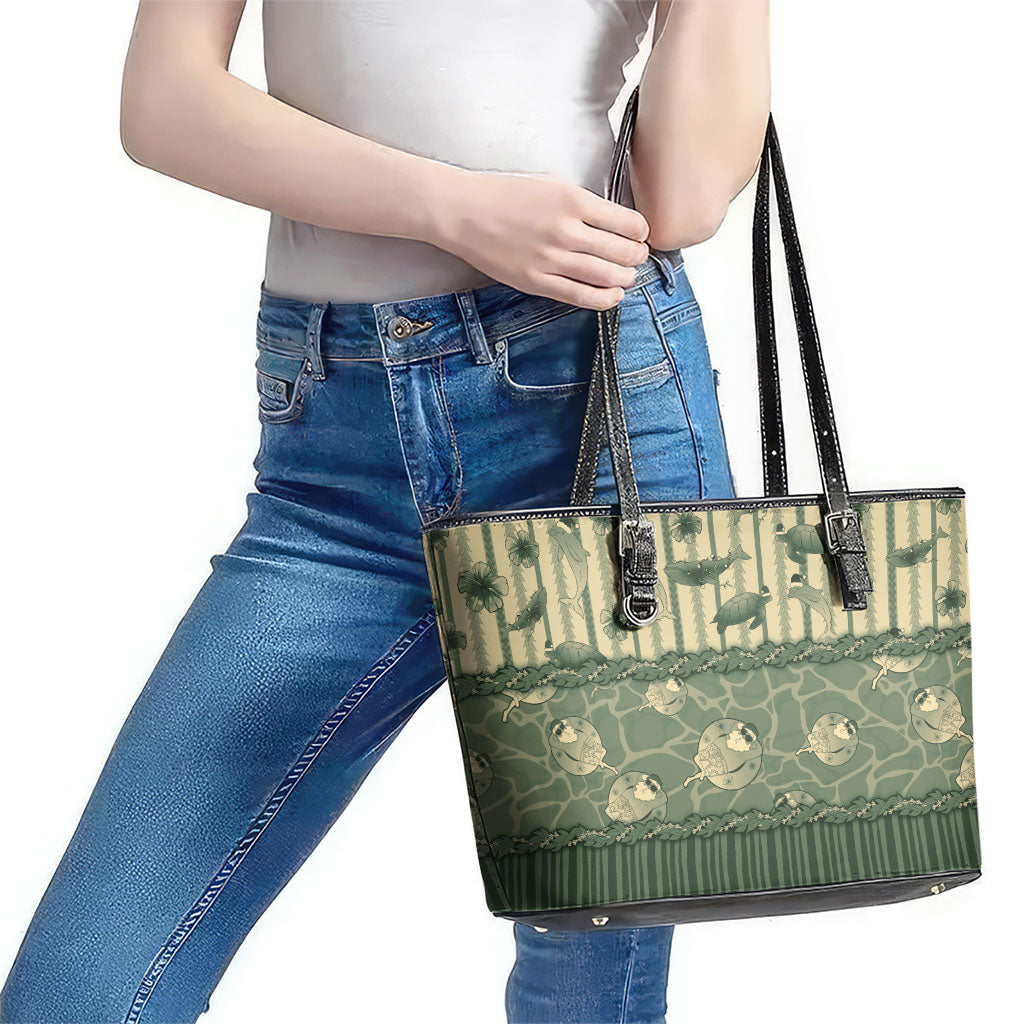 Hawaii Christmas In July Leather Tote Bag Olive Green Mele Kalikimaka Sea Animals DT05 - Polynesian Pride