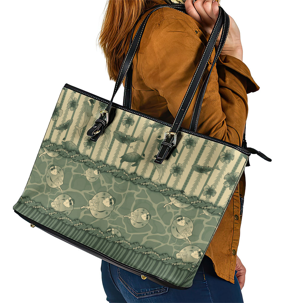 Hawaii Christmas In July Leather Tote Bag Olive Green Mele Kalikimaka Sea Animals DT05 - Polynesian Pride