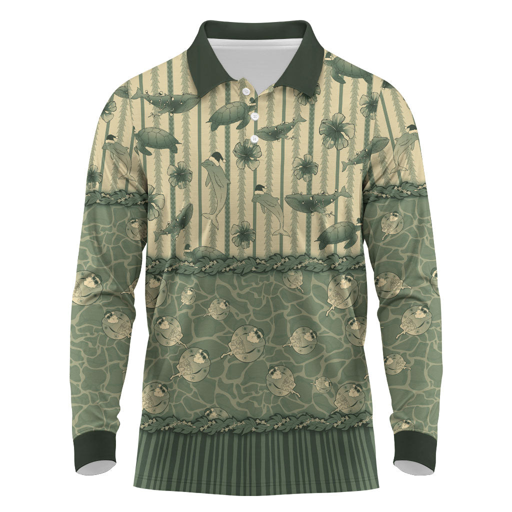 Hawaii Christmas In July Long Sleeve Polo Shirt Olive Green Mele Kalikimaka Sea Animals DT05 Green - Polynesian Pride