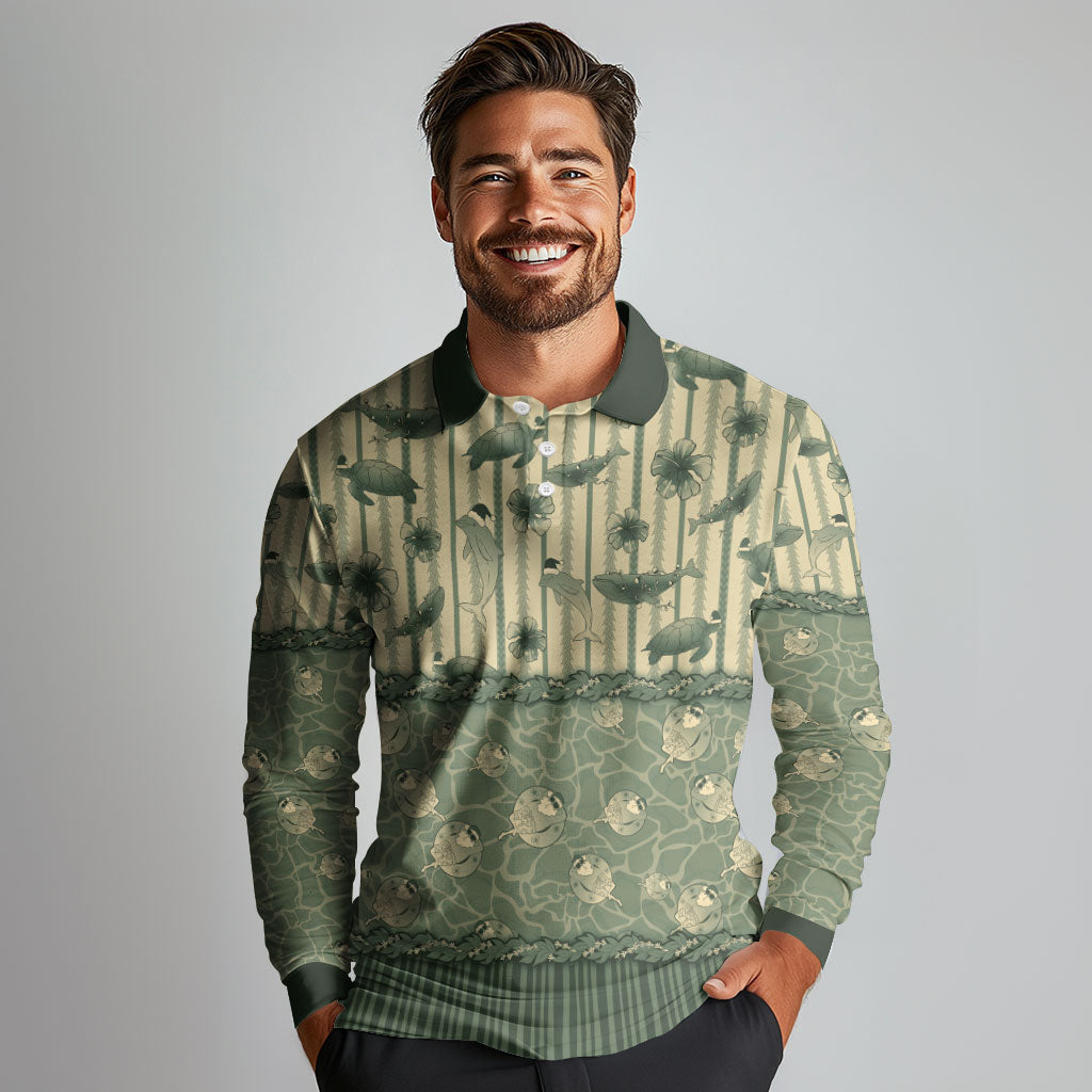 Hawaii Christmas In July Long Sleeve Polo Shirt Olive Green Mele Kalikimaka Sea Animals DT05 - Polynesian Pride