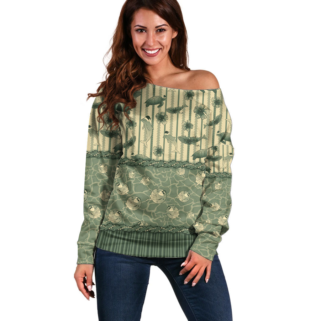 Hawaii Christmas In July Off Shoulder Sweater Olive Green Mele Kalikimaka Sea Animals