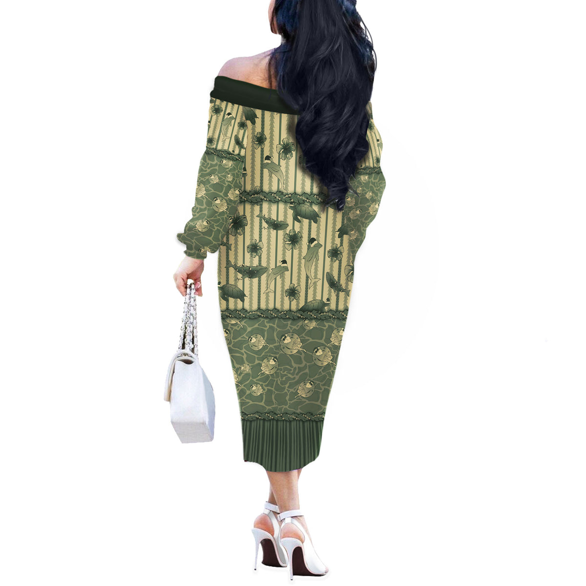 Hawaii Christmas In July Off The Shoulder Long Sleeve Dress Olive Green Mele Kalikimaka Sea Animals DT05 - Polynesian Pride