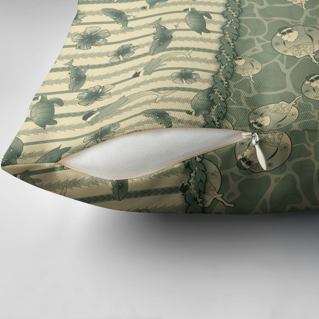 Hawaii Christmas In July Pillow Cover Olive Green Mele Kalikimaka Sea Animals