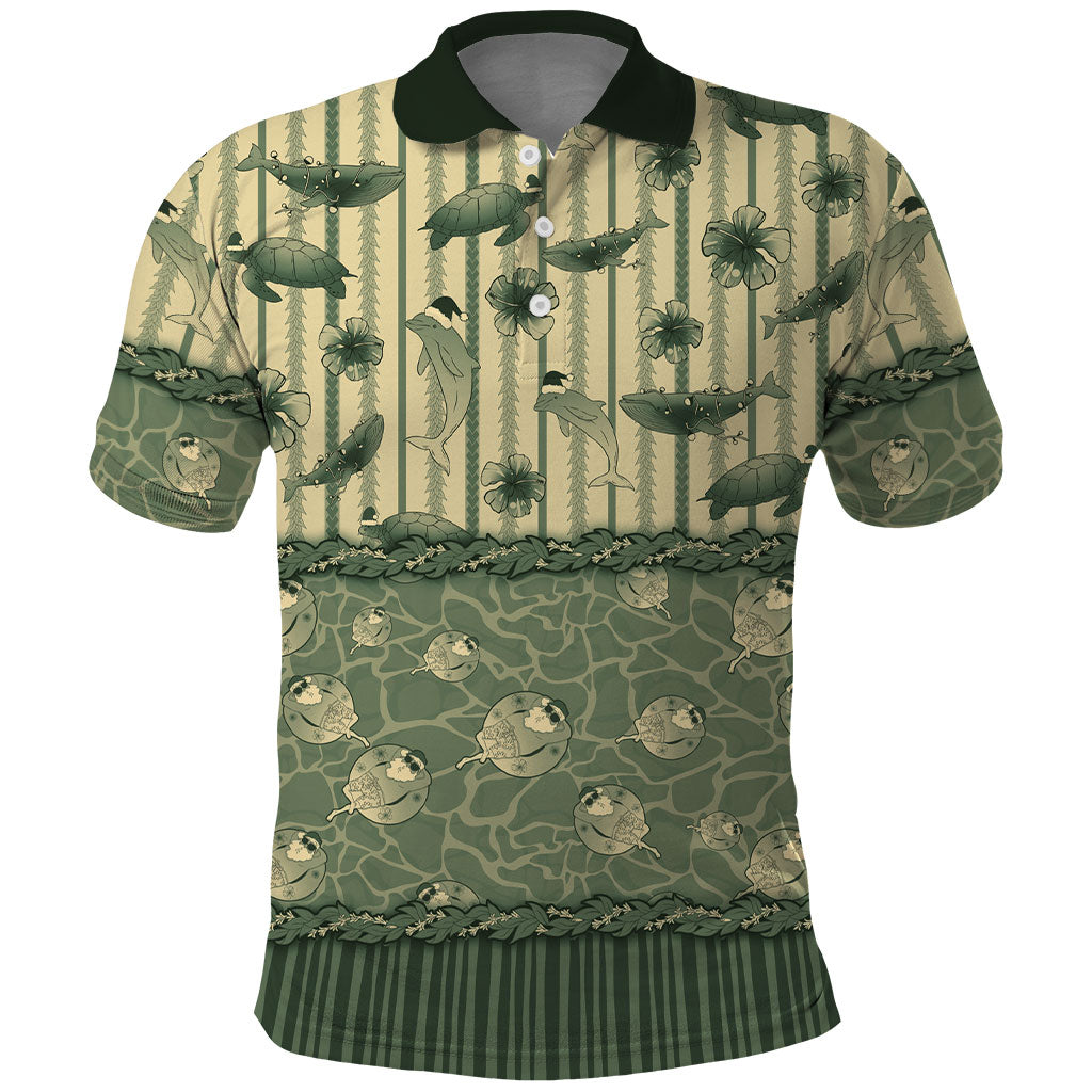 Hawaii Christmas In July Polo Shirt Olive Green Mele Kalikimaka Sea Animals