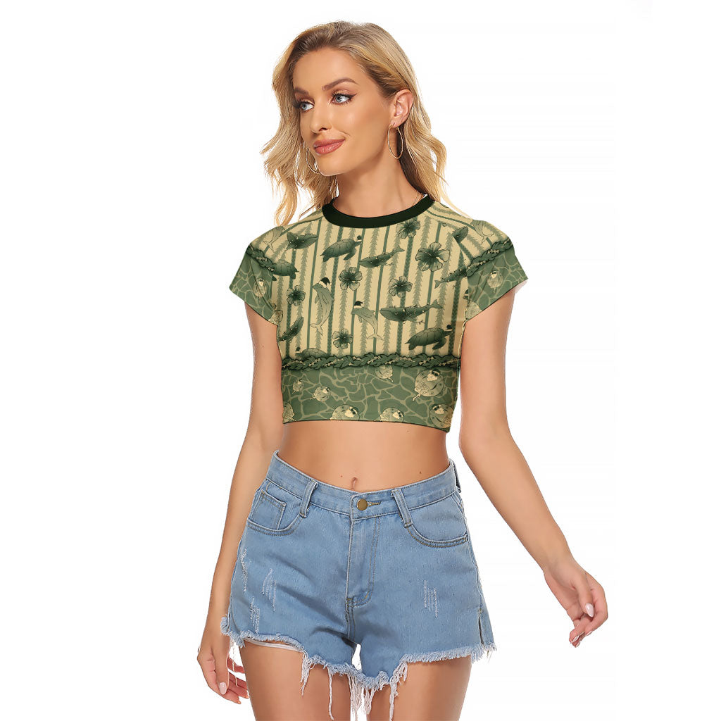 Hawaii Christmas In July Raglan Cropped T Shirt Olive Green Mele Kalikimaka Sea Animals DT05 Female Green - Polynesian Pride