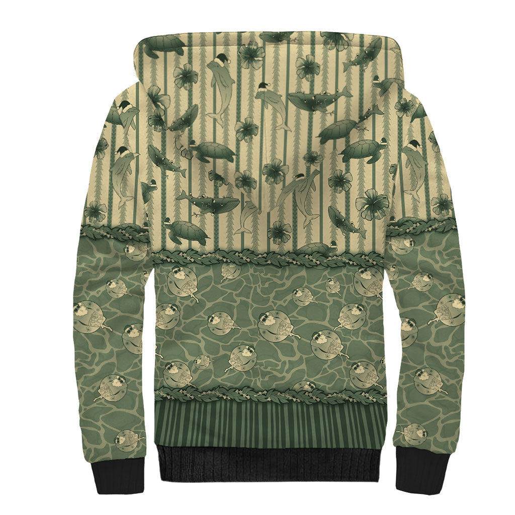 Hawaii Christmas In July Sherpa Hoodie Olive Green Mele Kalikimaka Sea Animals DT05 - Polynesian Pride