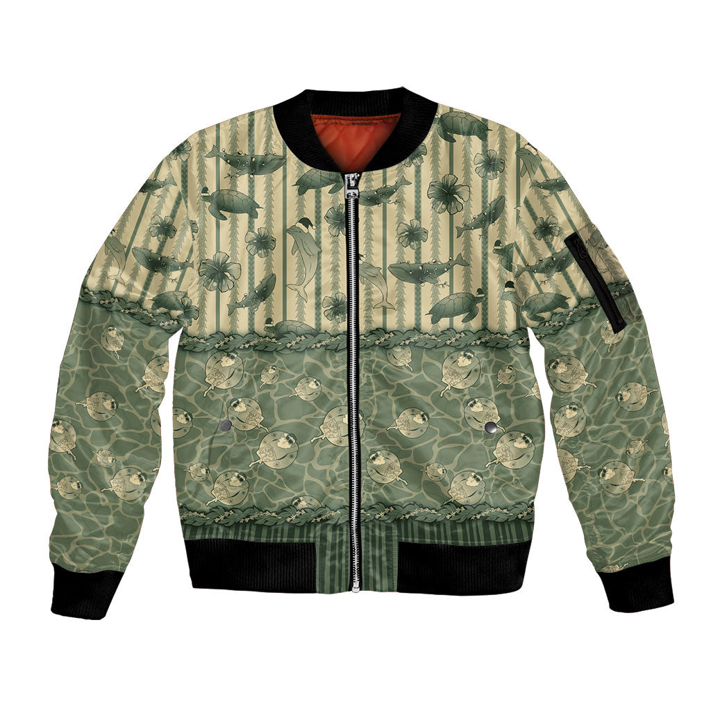 Hawaii Christmas In July Sleeve Zip Bomber Jacket Olive Green Mele Kalikimaka Sea Animals