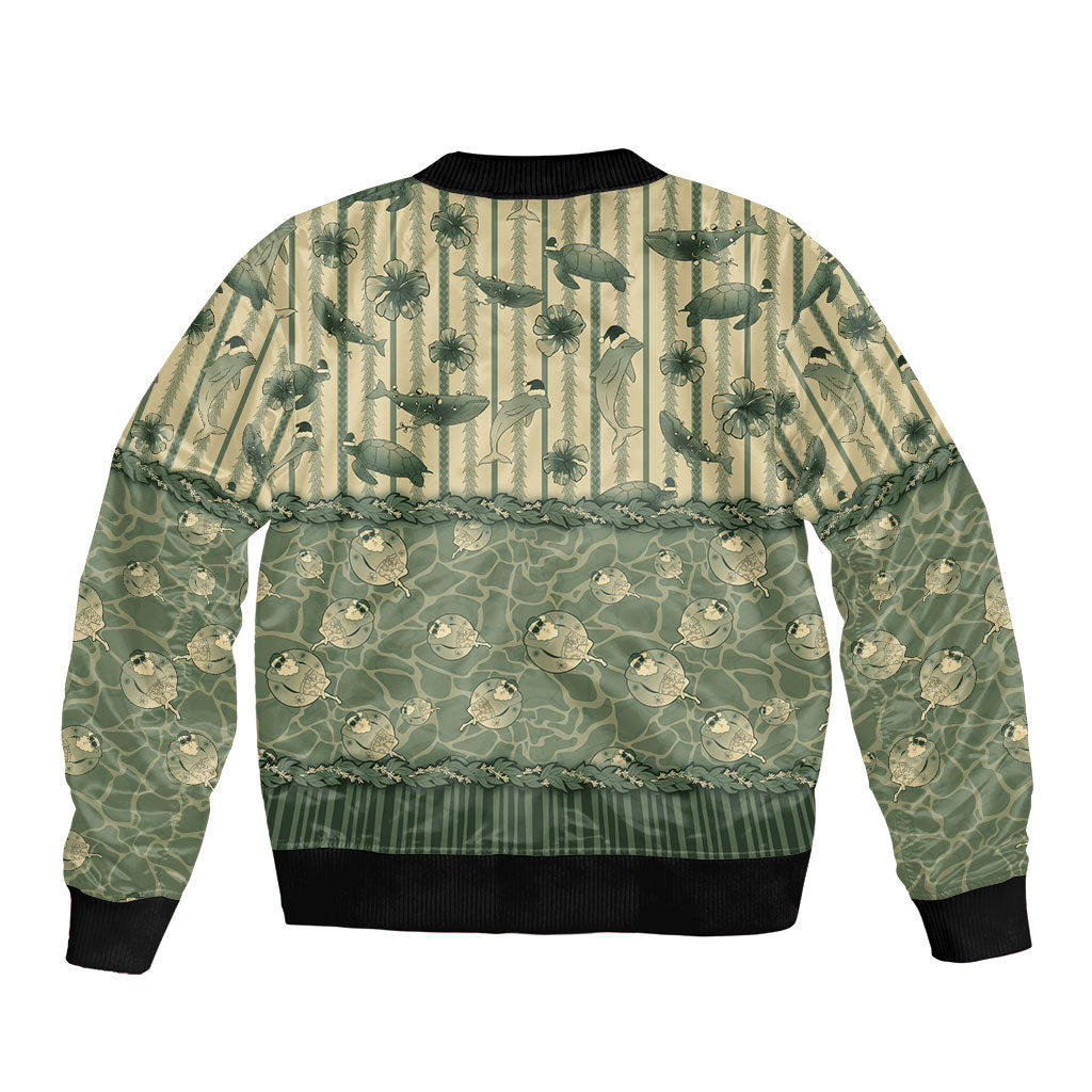 Hawaii Christmas In July Sleeve Zip Bomber Jacket Olive Green Mele Kalikimaka Sea Animals