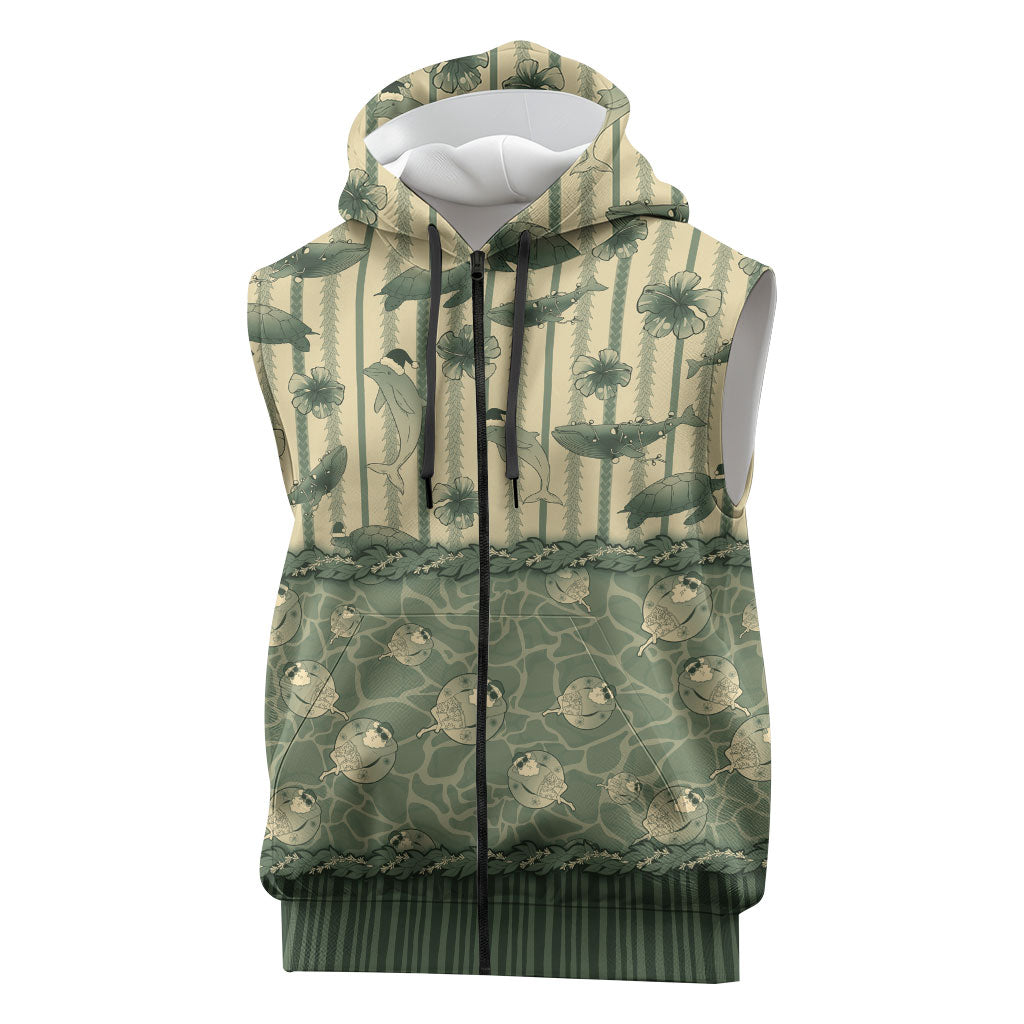 Hawaii Christmas In July Sleeveless Zip Hoodie Olive Green Mele Kalikimaka Sea Animals