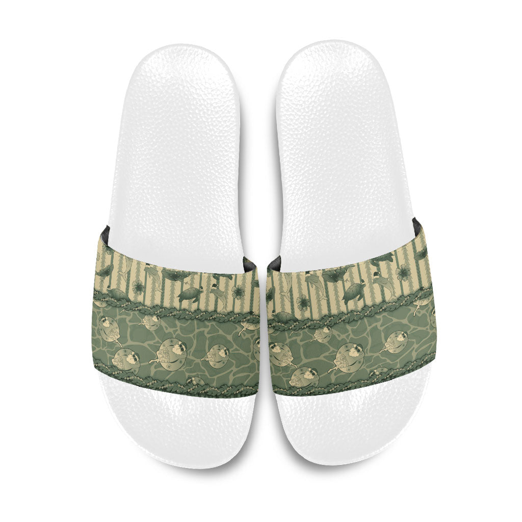 Hawaii Christmas In July Slide Sandals Olive Green Mele Kalikimaka Sea Animals
