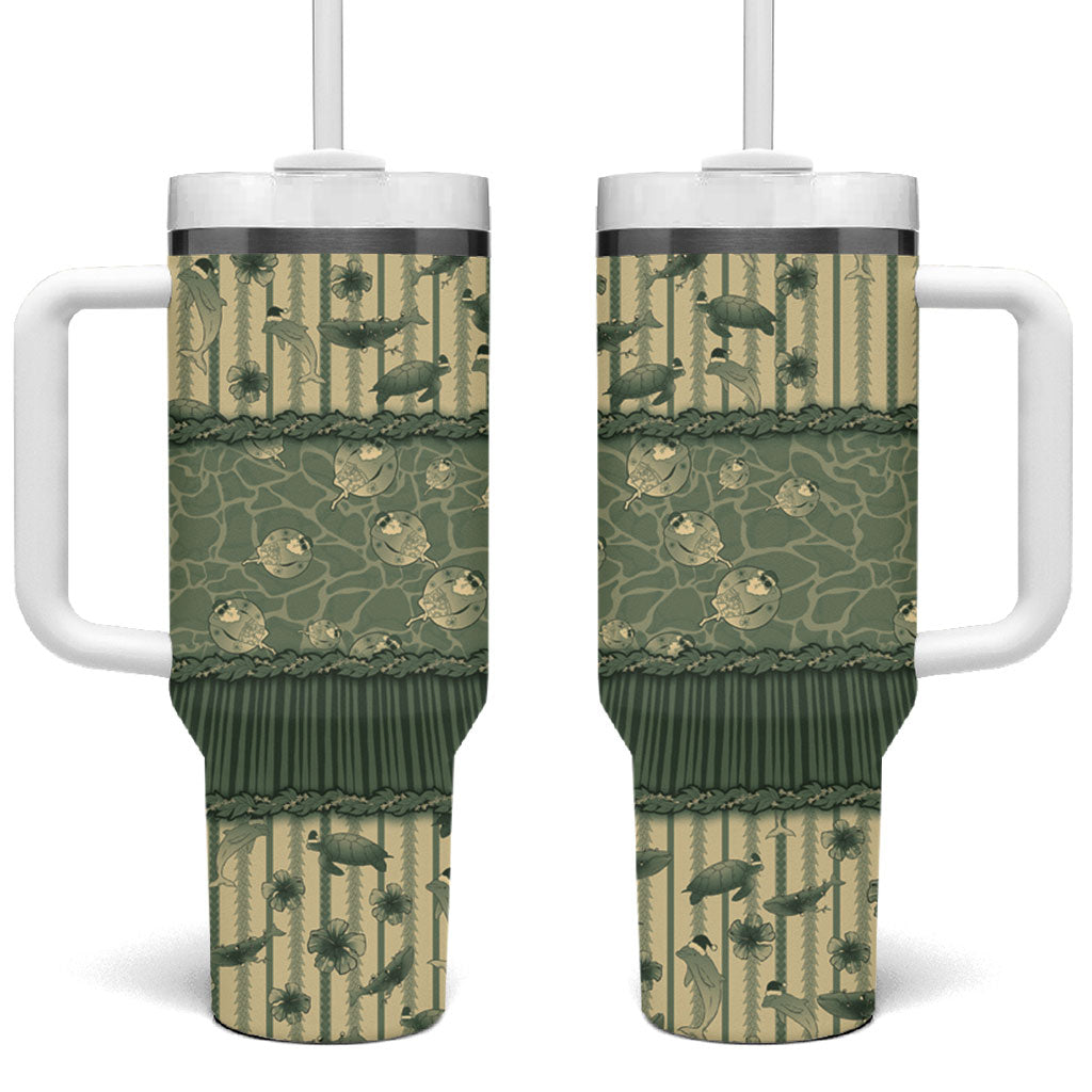 Hawaii Christmas In July Tumbler With Handle Olive Green Mele Kalikimaka Sea Animals DT05 One Size: 40 oz Green - Polynesian Pride