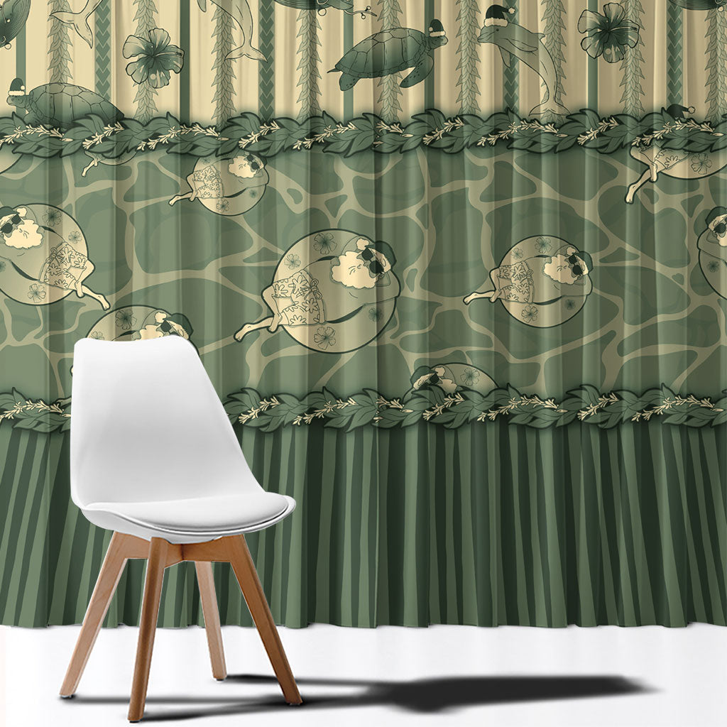 Hawaii Christmas In July Window Curtain Olive Green Mele Kalikimaka Sea Animals