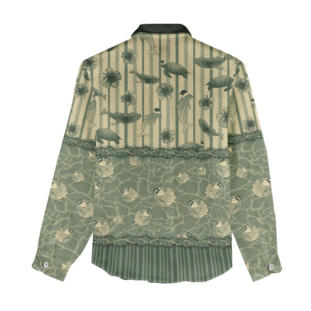 Hawaii Christmas In July Women Casual Shirt Olive Green Mele Kalikimaka Sea Animals DT05 - Polynesian Pride