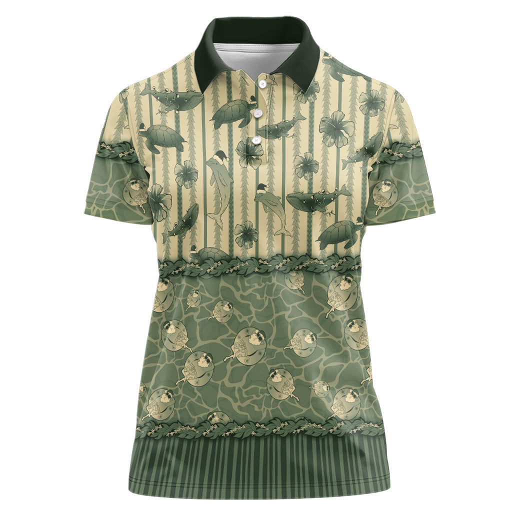 Hawaii Christmas In July Women Polo Shirt Olive Green Mele Kalikimaka Sea Animals DT05 Female Green - Polynesian Pride