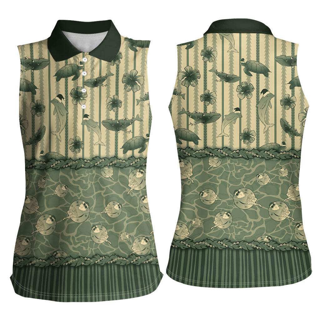 Hawaii Christmas In July Women Sleeveless Polo Shirt Olive Green Mele Kalikimaka Sea Animals DT05 - Polynesian Pride
